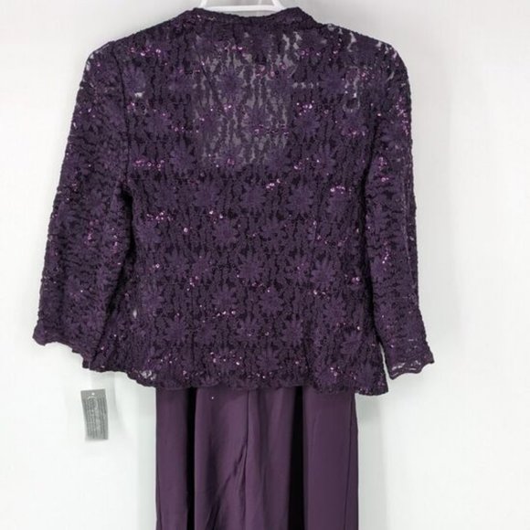 NWT ALEX EVENINGS WOMEN'S 2 PIECE DRESS WITH GLITTER LACE JACKET EGGPLANT 6P - Picture 7 of 12